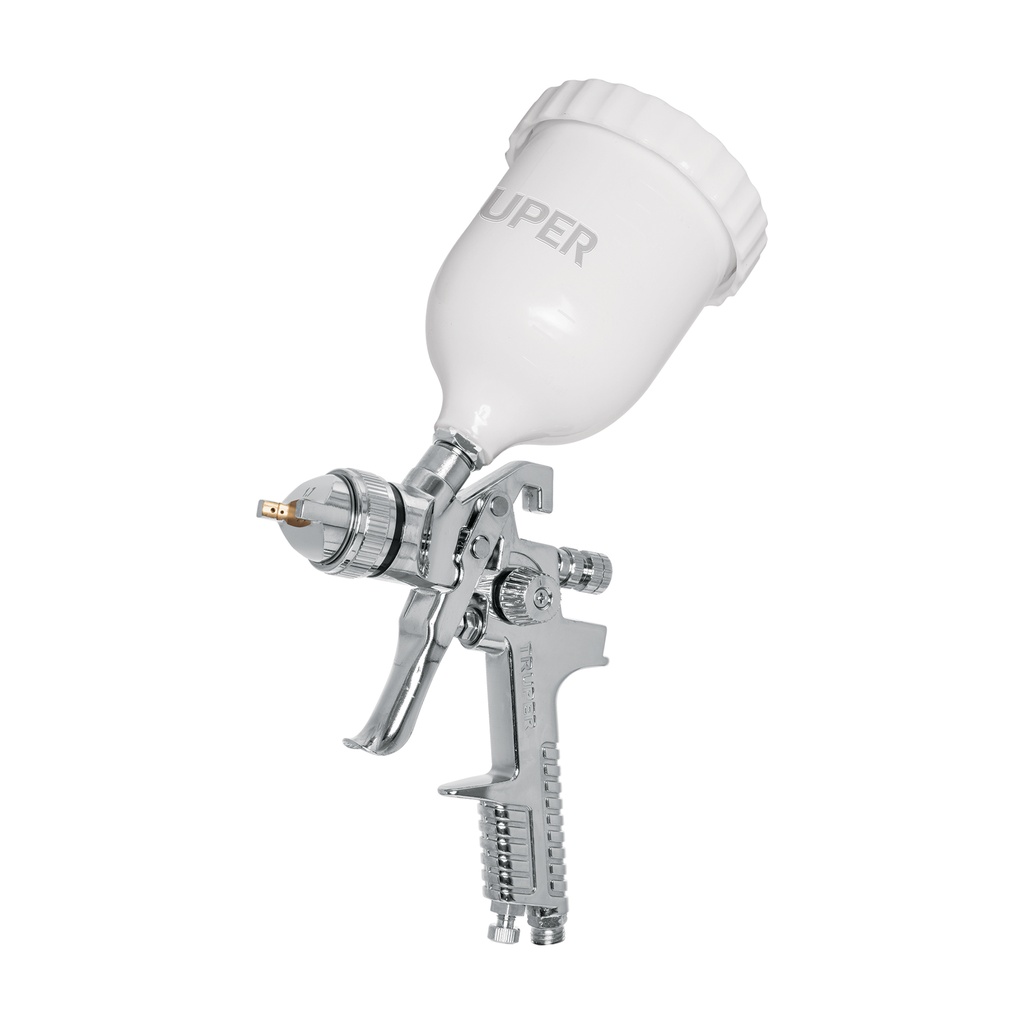 Pistola p/pintar gravedad HVLP vaso plástico, 1.7 mm, TRUPER