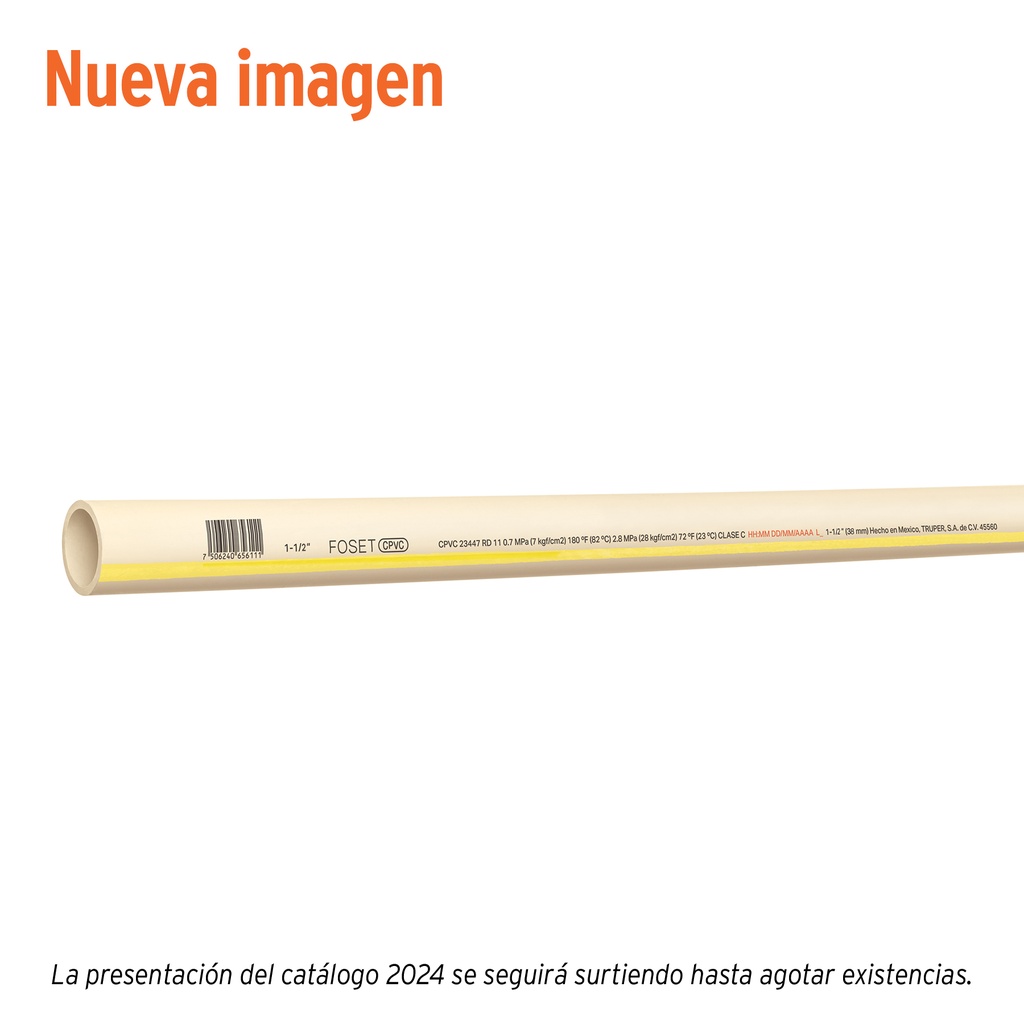 Tubo de 1-1/2' CPVC hidráulico RD 11, 3m, 2.1kg, FOSET