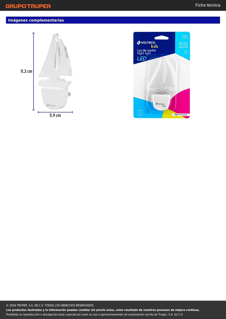 Luz de noche de LED, barco, VOLTECK