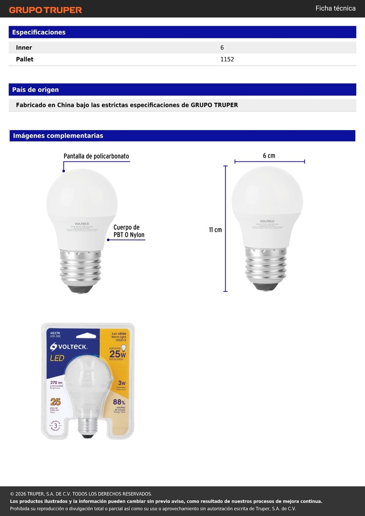 Foco LED 3W (25W) A19, 3000K blanca cálida, 270 lm, blíster