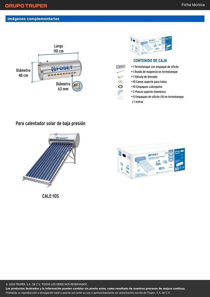 Termotanque p/calentador solar CALE-10S, FOSET