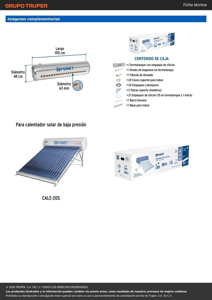 Termotanque p/calentador solar CALE-20S, FOSET