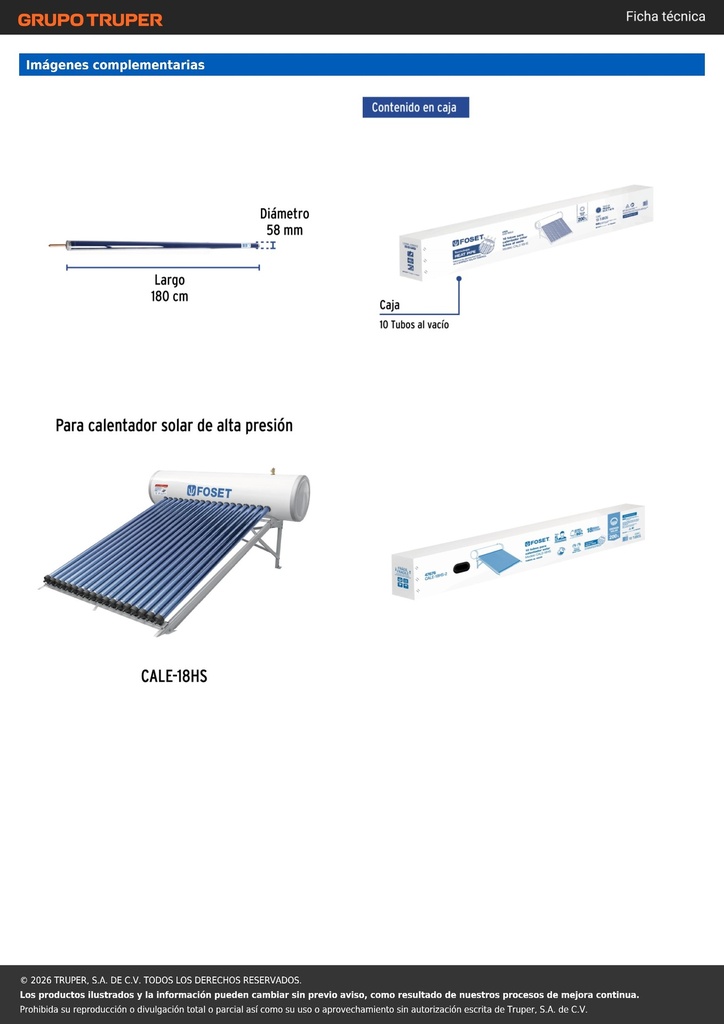 Caja c/10 tubos HeatPipe p/calentador solar CALE-18HS, FOSET