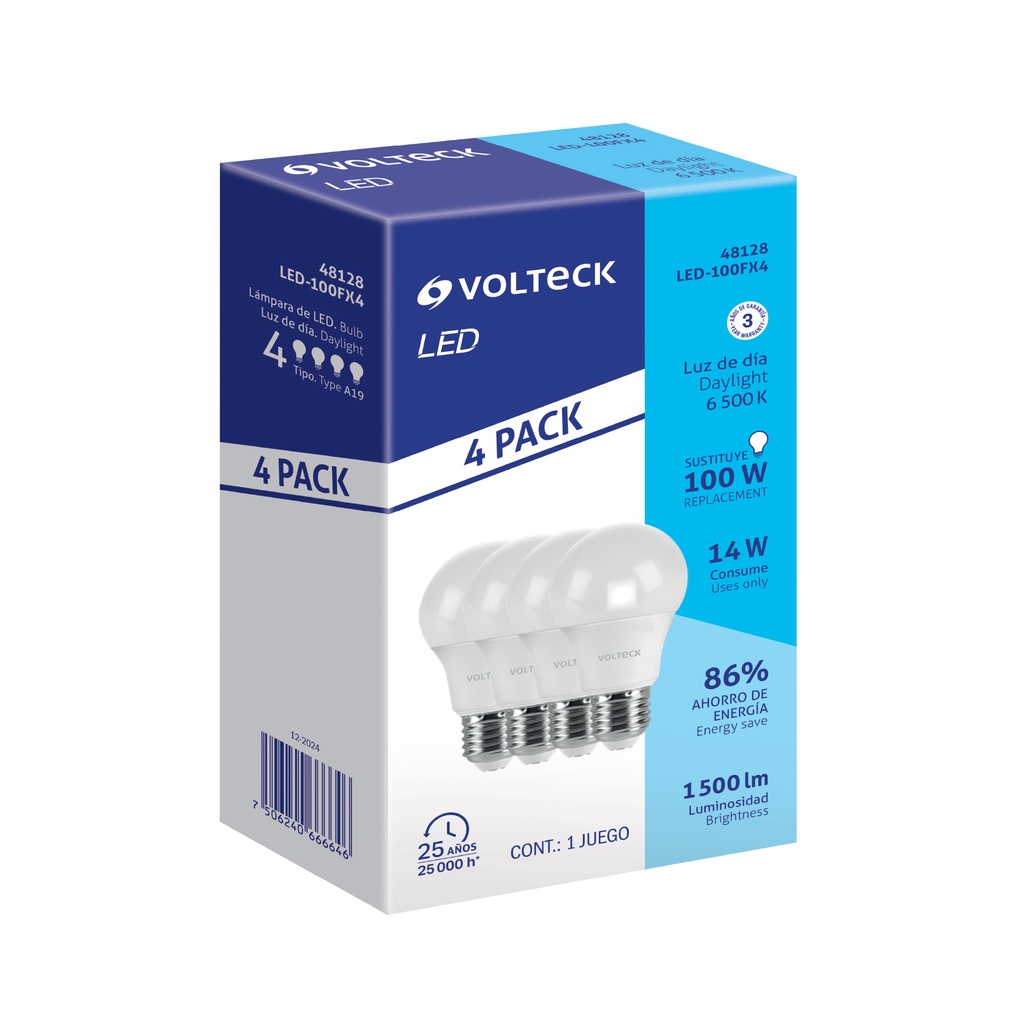 Pack 4 focos LED 14W (100W) A19, 6500K blanca fría, 1500 lm