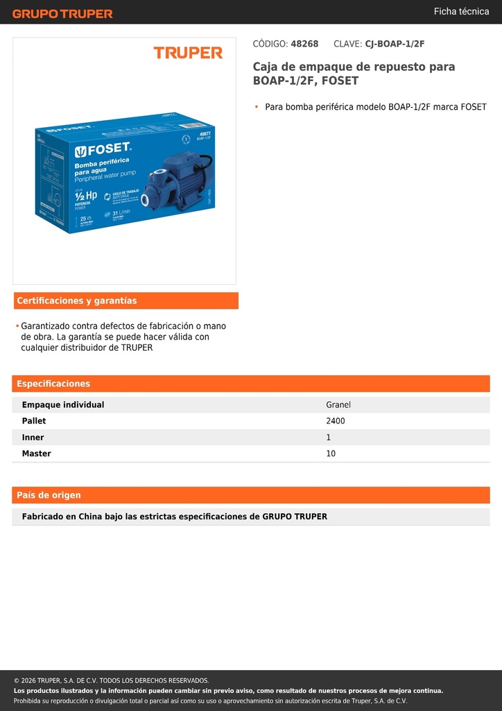 Caja de empaque de repuesto para BOAP-1/2F, FOSET