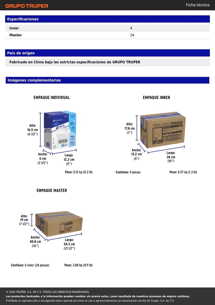 Pack 4 focos LED 6W (40W) A19, 6500K blanca fría, 440 lm