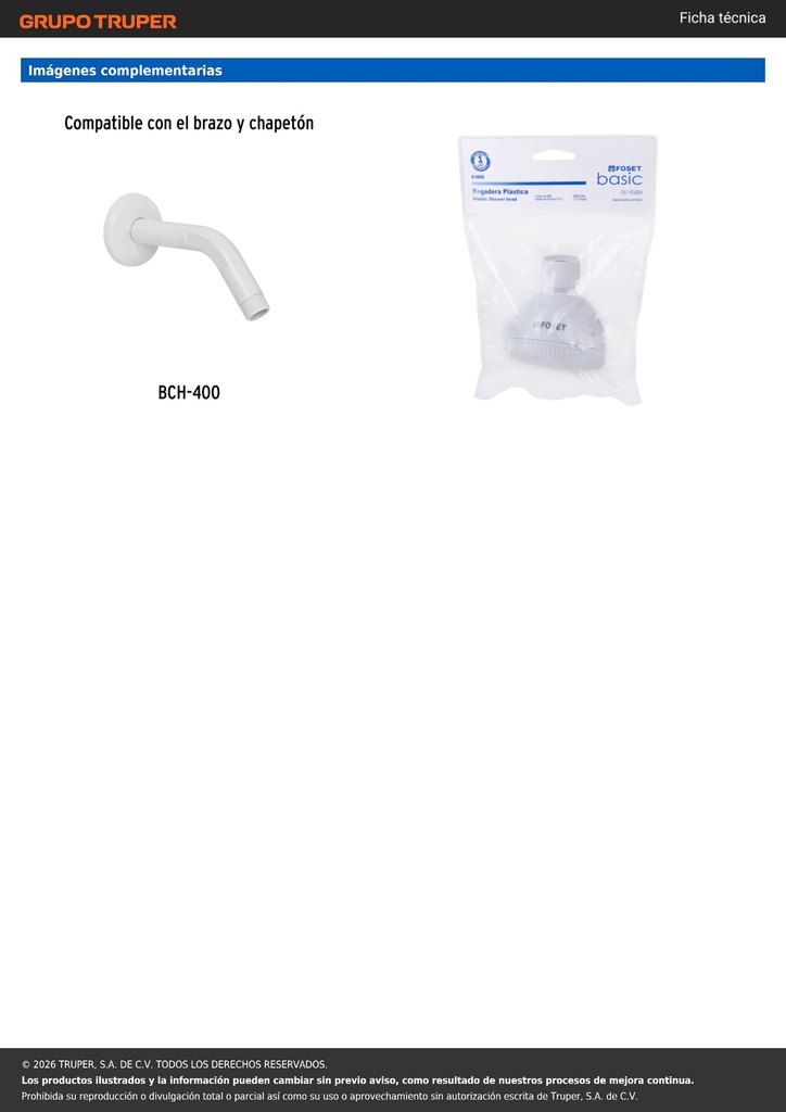 Regadera redonda de ABS 2-1/2' sin brazo, FOSET BASIC