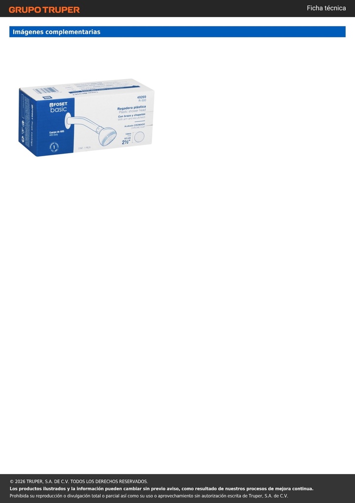 Regadera plástica redonda 2-1/2' blanca, FOSET BASIC