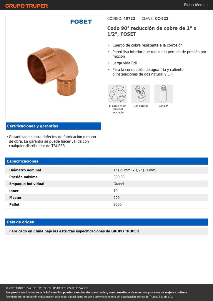 Codo 90° reducción de cobre de 1' x 1/2', FOSET