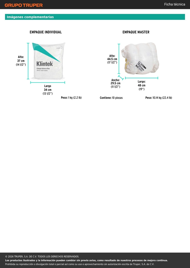 Bolsa de 1 kg de estopa extra fina, color blanco, KLINTEK