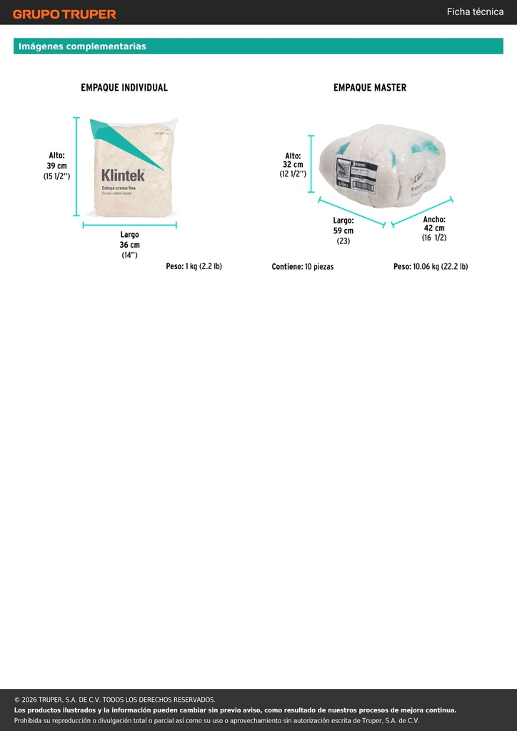 Bolsa de 1 kg de estopa extra fina, color crema, KLINTEK