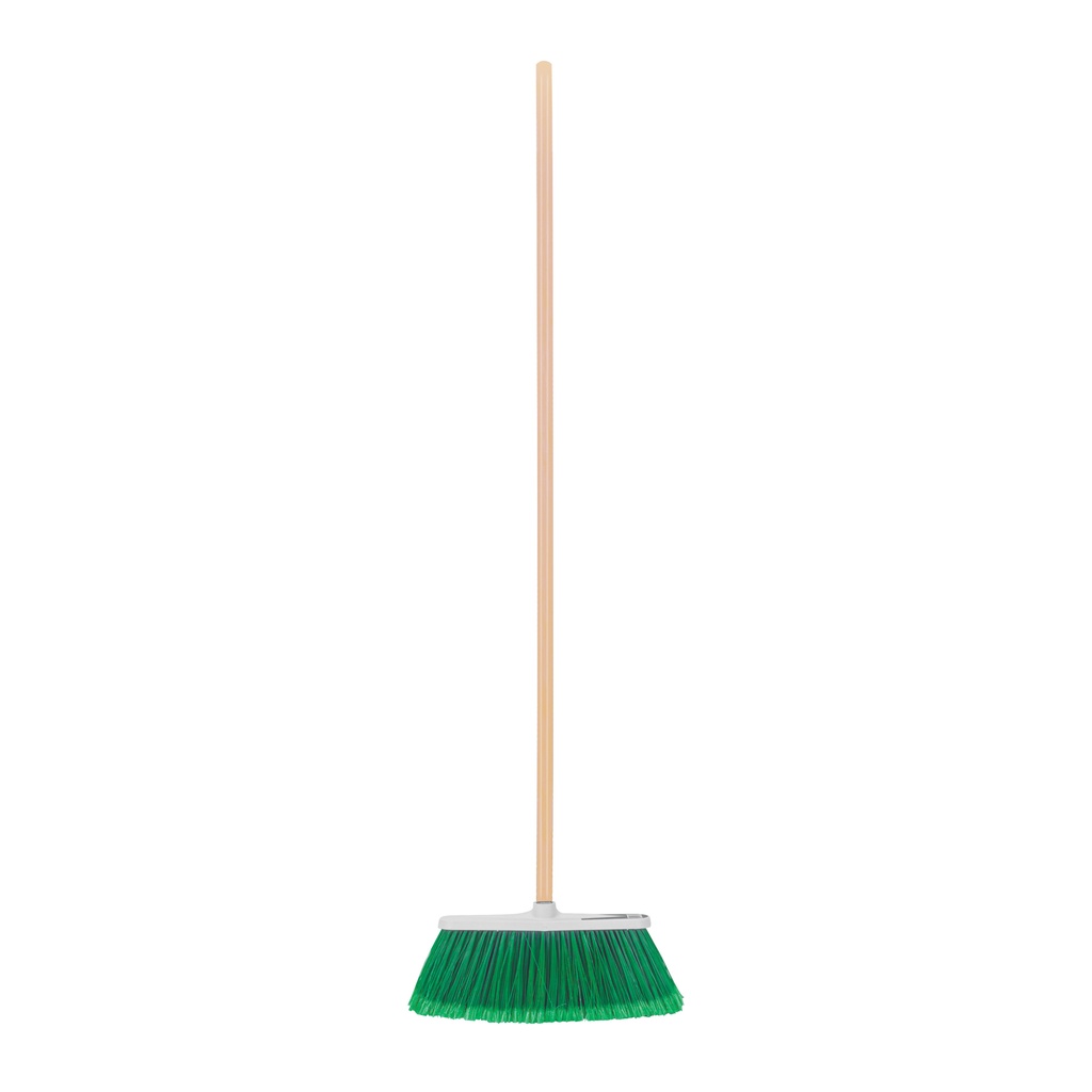 Escoba grande tipo cepillo, cerdas de PVC, bastón de madera