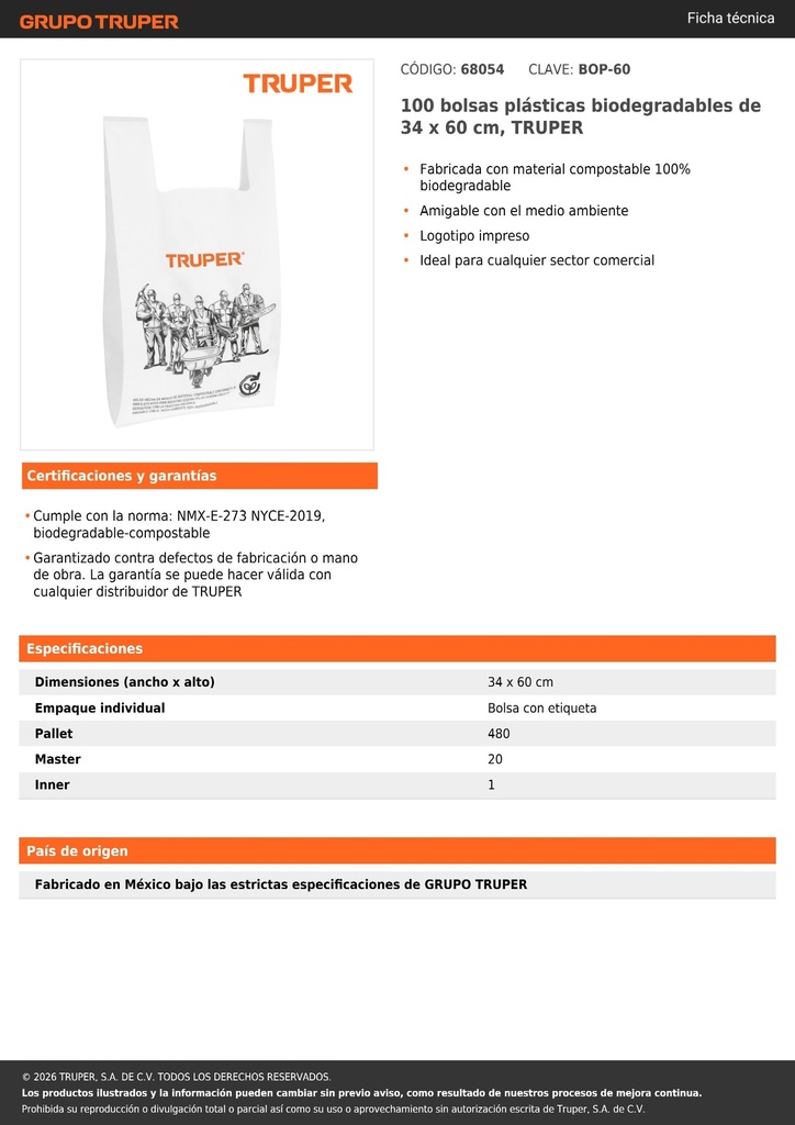 100 bolsas plásticas biodegradables de 34 x 60 cm, TRUPER