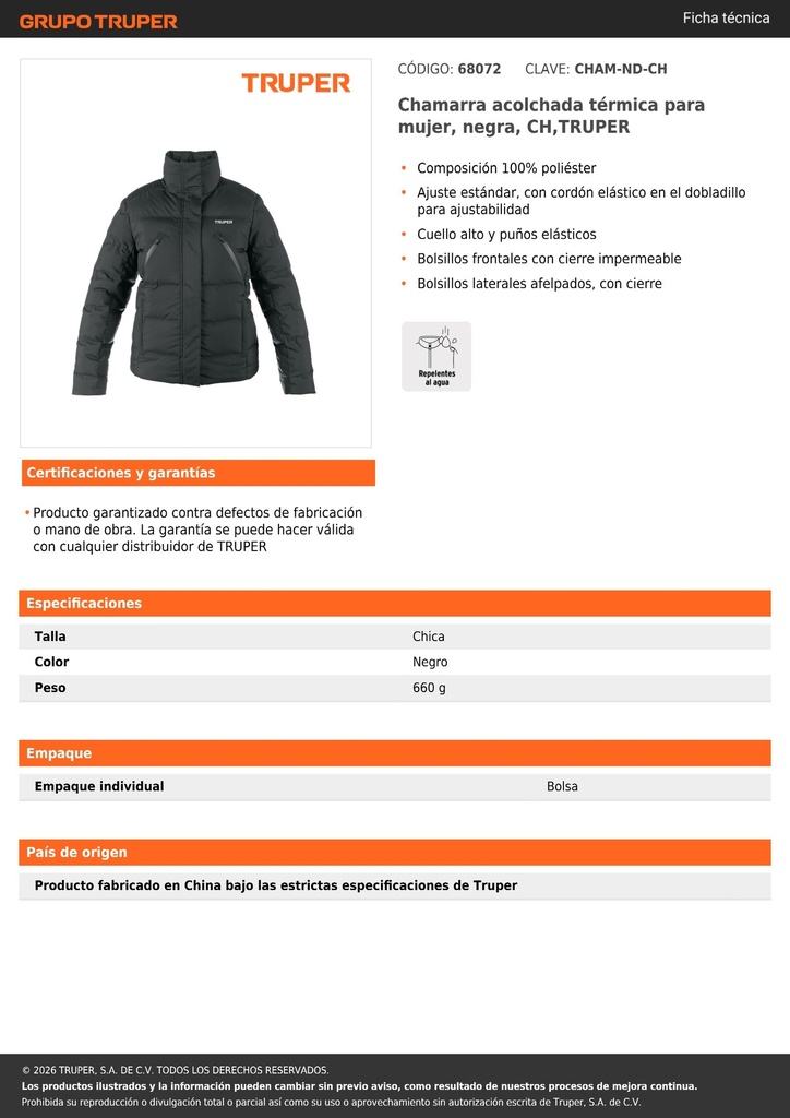 Chamarra acolchada térmica para mujer, negra, CH,TRUPER