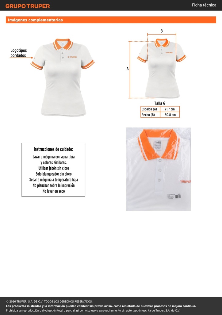 Playera polo performance para mujer, blanca, G, TRUPER
