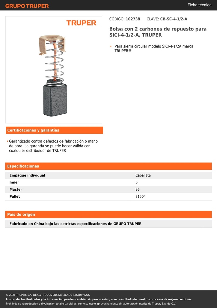 Bolsa con 2 carbones de repuesto para SICI-4-1/2-A, TRUPER