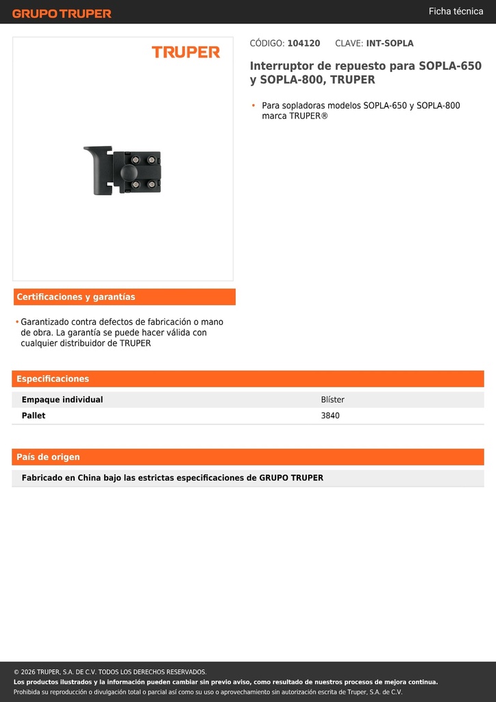 Interruptor de repuesto para SOPLA-650 y SOPLA-800, TRUPER