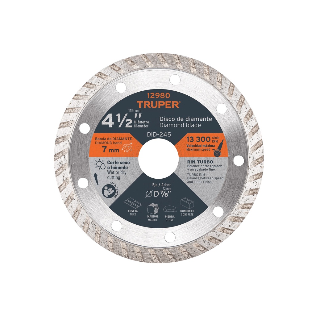 Disco de diamante de 4-1/2' x 2.2 mm, rin turbo, TRUPER