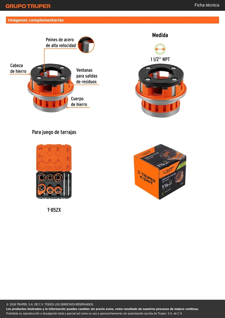 Dado de 1-1/2' para tarrajas T-852X, TRUPER EXPERT
