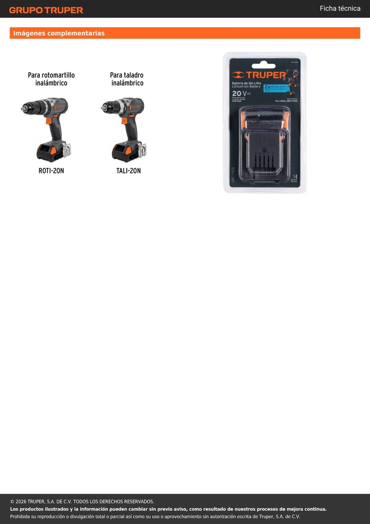 Batería 20V, para TALI-20N y ROTI-20N