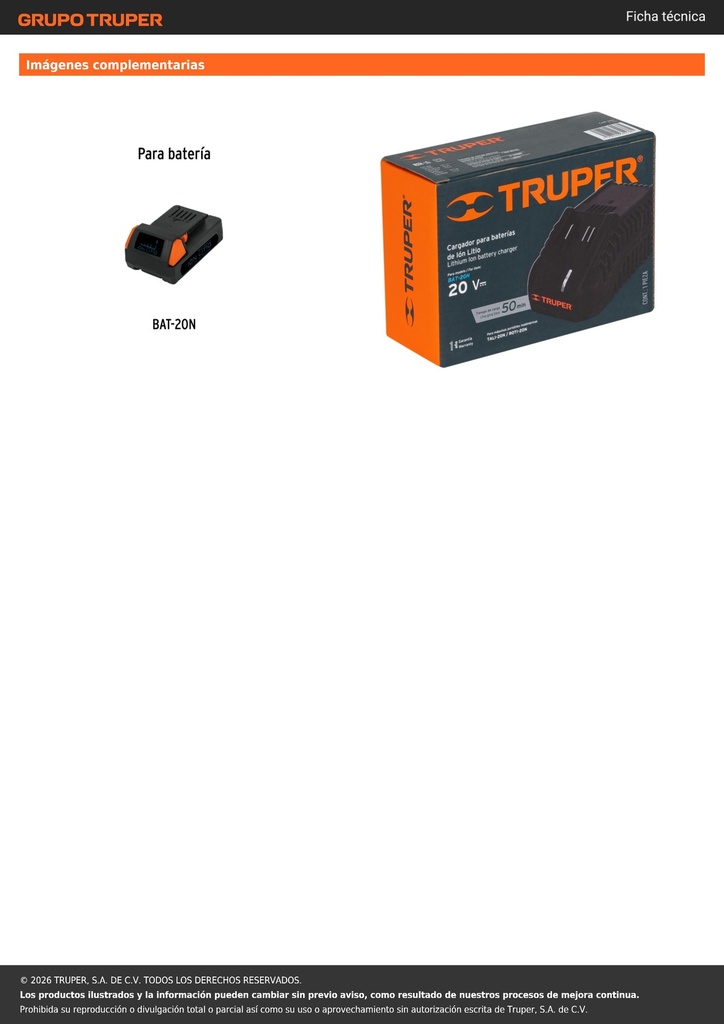 Cargador baterías de ion litio 20V para TALI-20N y ROTI-20N