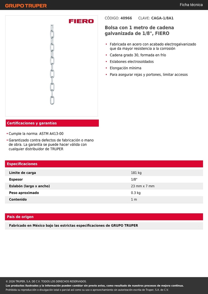 Bolsa con 1 metro de cadena galvanizada de 1/8', FIERO