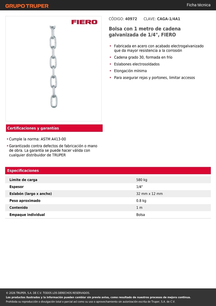 Bolsa con 1 metro de cadena galvanizada de 1/4', FIERO
