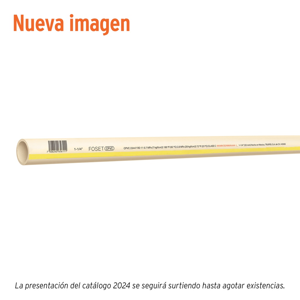 Tubo de 1-1/4' CPVC hidráulico RD 11, 3m, 1.5kg, FOSET