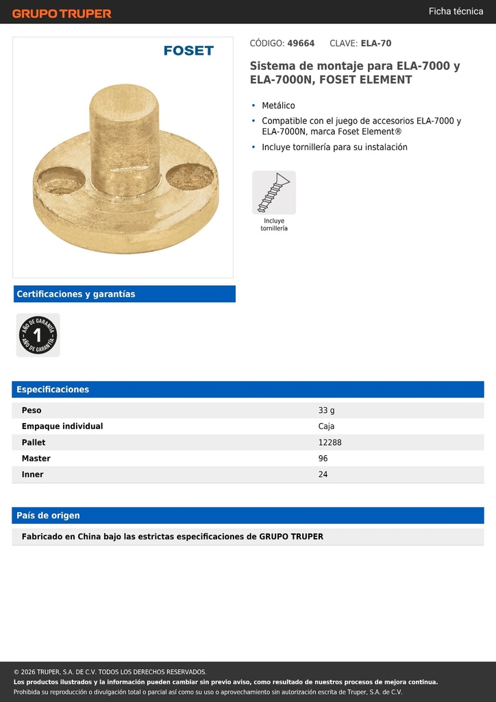 Sistema de montaje para ELA-7000 y ELA-7000N, FOSET ELEMENT