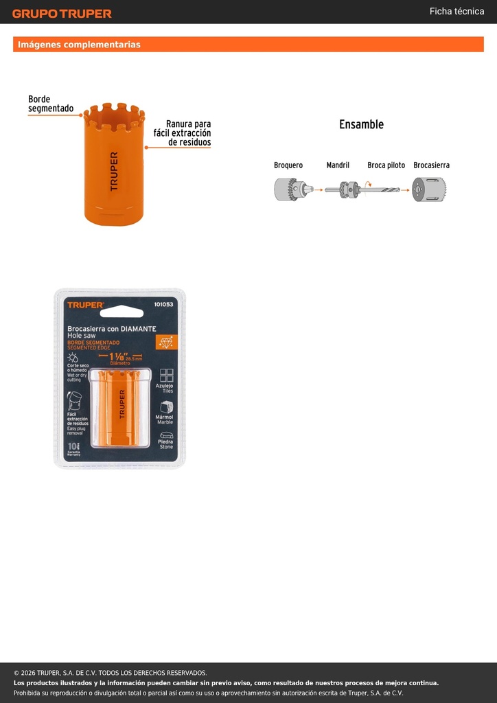 Brocasierra diamante 1-1/8' borde segmentado, TRUPER