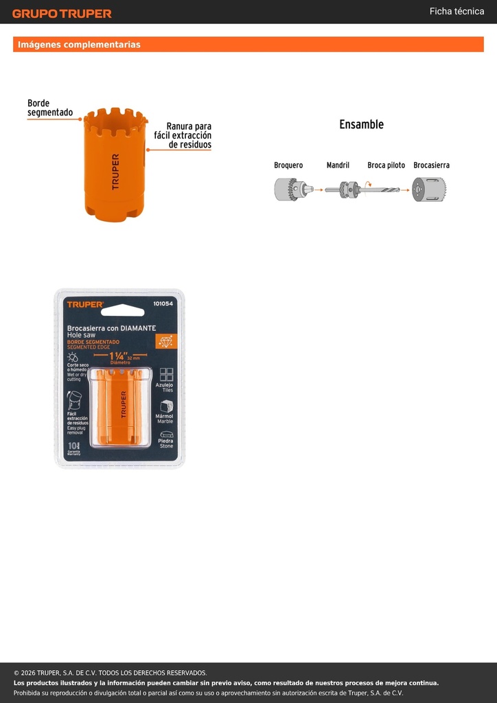 Brocasierra diamante 1-1/4' borde segmentado, TRUPER