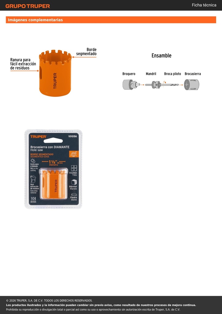 Brocasierra diamante 1-1/2' borde segmentado, TRUPER