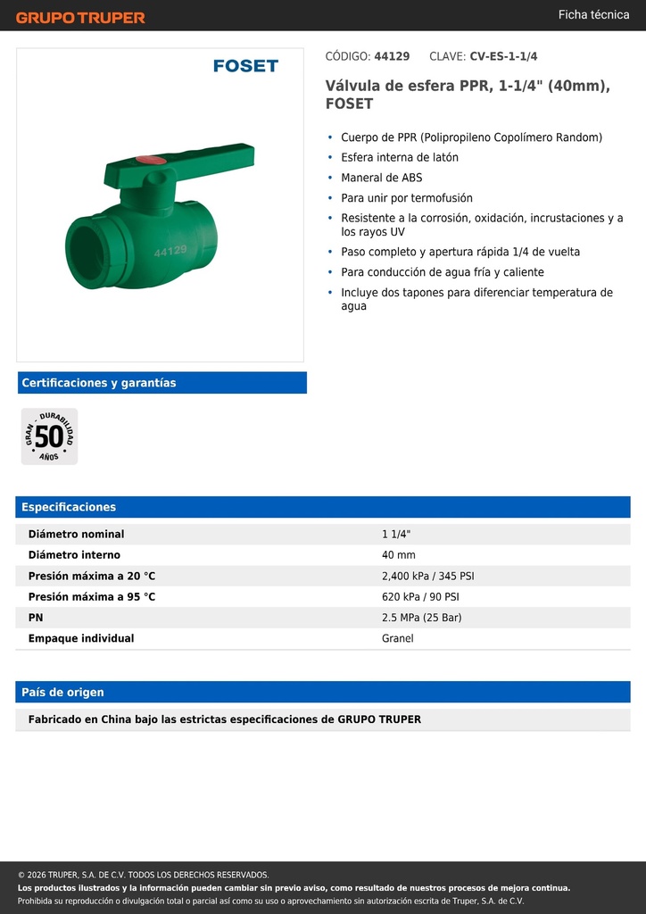 Válvula de esfera PPR, 1-1/4' (40mm), FOSET
