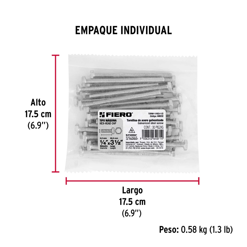 Bolsa con 30 tornillos 1/4' x 3-1/2' tipo máquina, FIERO