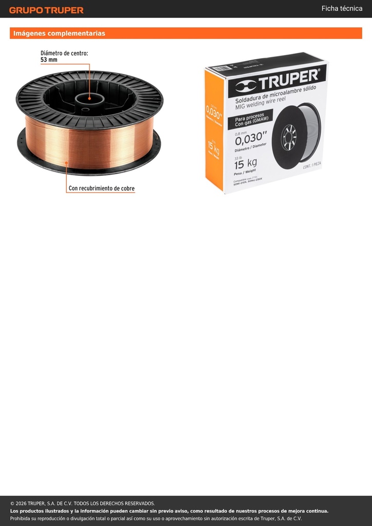 Caja 15 kg de microalambre sólido, con gas, .030', TRUPER