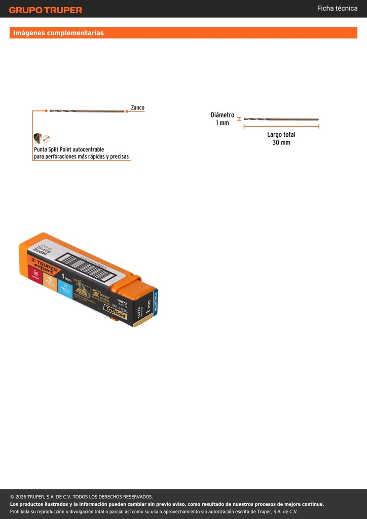 Broca HSS 1.0 mm Trugold para metal, TRUPER EXPERT