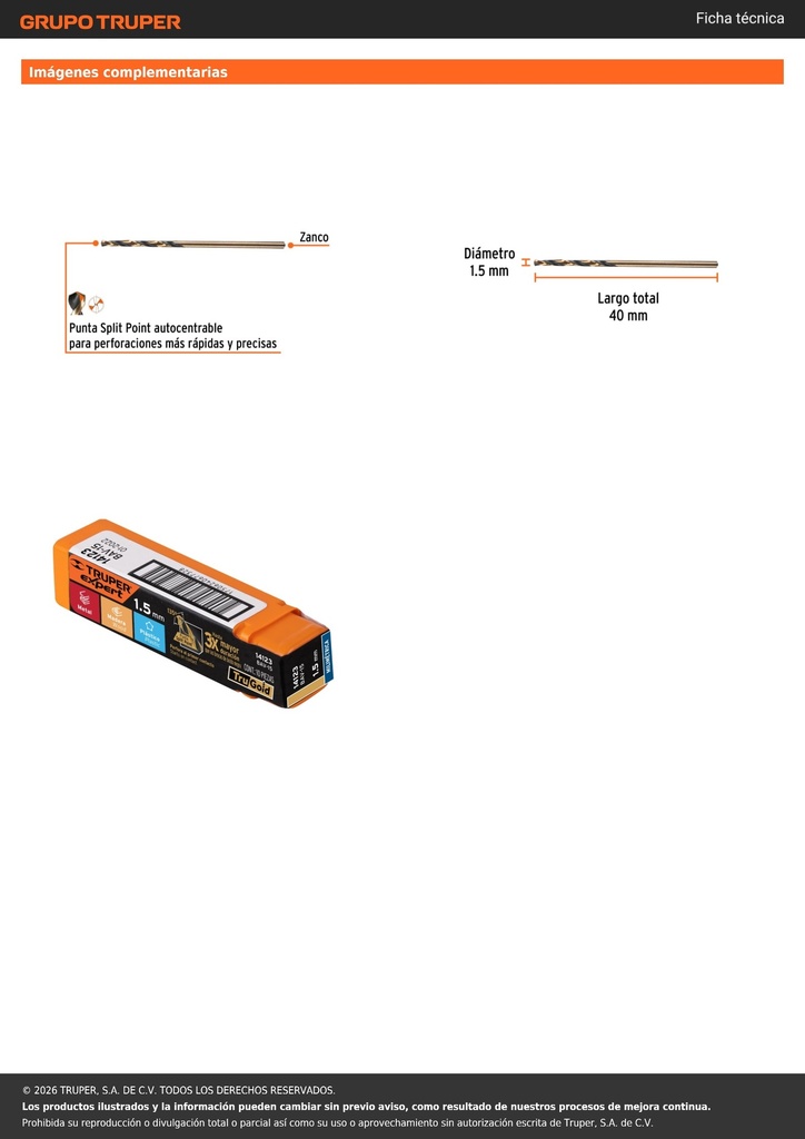 Broca HSS 1.5 mm Trugold para metal, TRUPER EXPERT