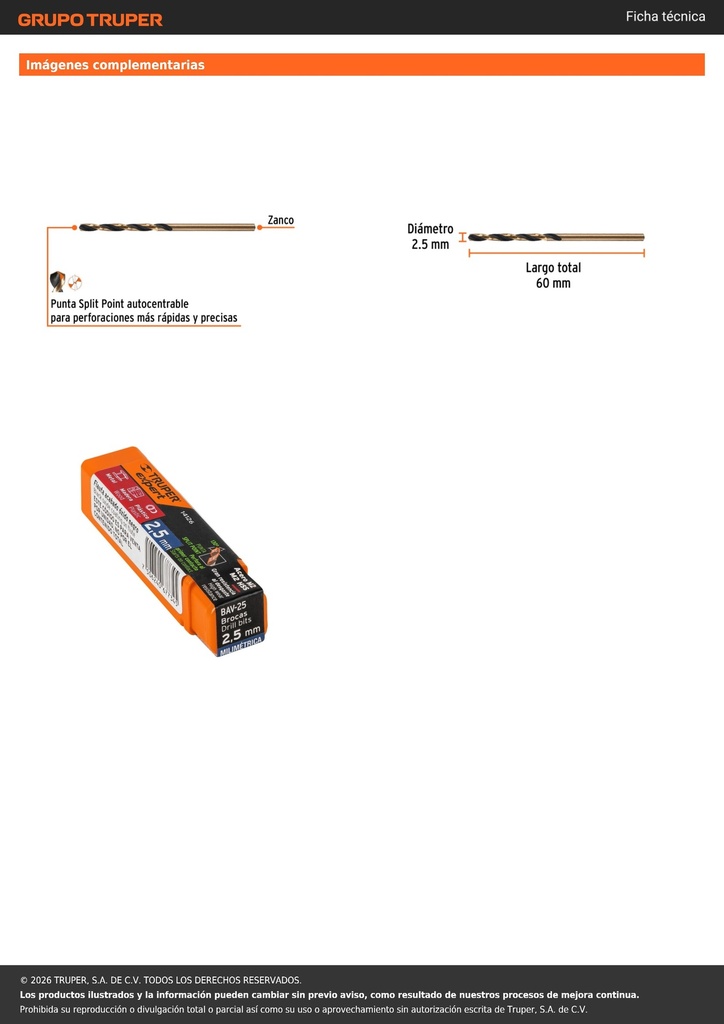 Broca HSS 2.5 mm Trugold para metal, TRUPER EXPERT