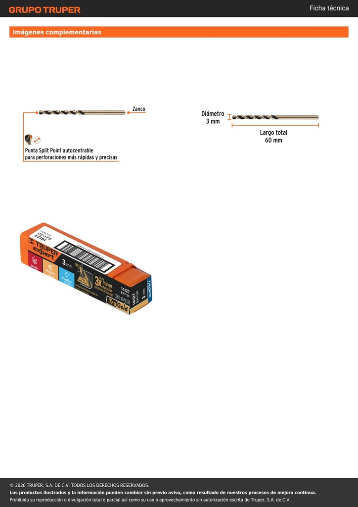 Broca HSS 3.0 mm Trugold para metal, TRUPER EXPERT