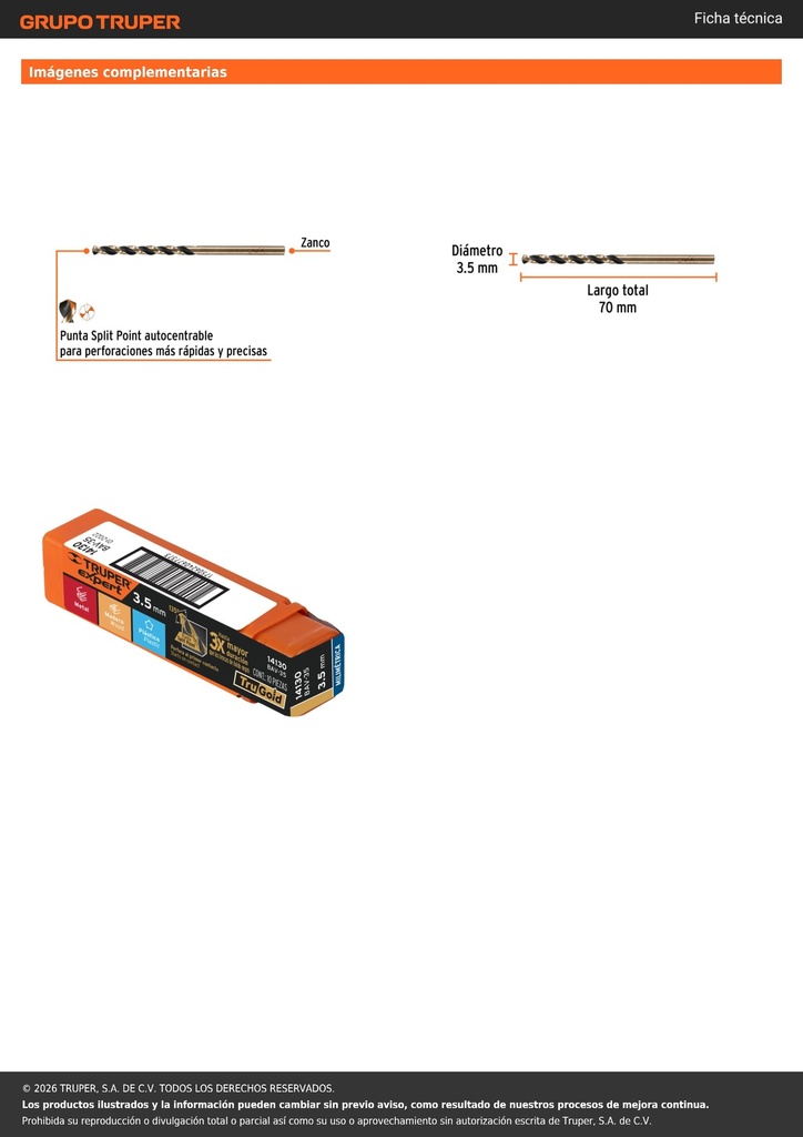 Broca HSS 3.5 mm Trugold para metal, TRUPER EXPERT
