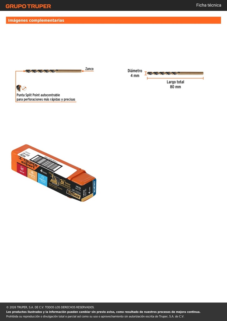 Broca HSS 4.0 mm Trugold para metal, TRUPER EXPERT