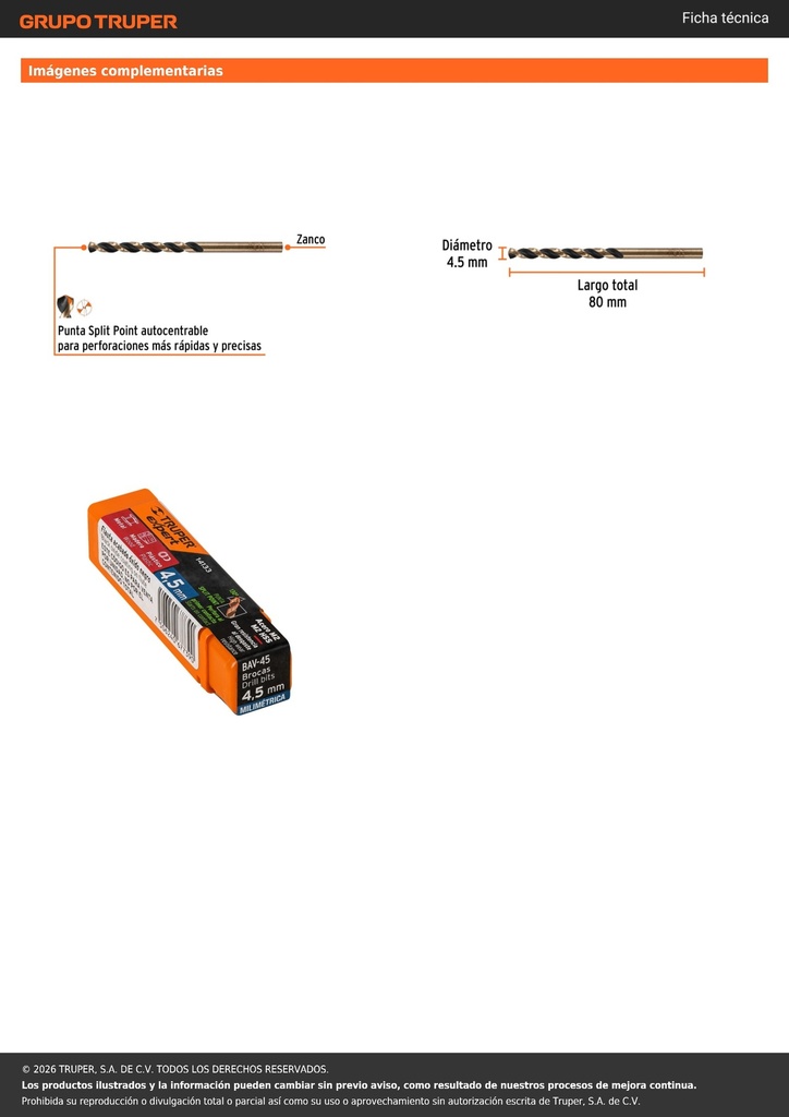 Broca HSS 4.5 mm Trugold para metal, TRUPER EXPERT