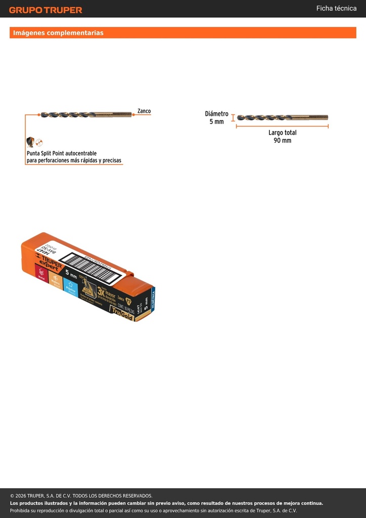 Broca HSS 5.0 mm Trugold para metal, TRUPER EXPERT