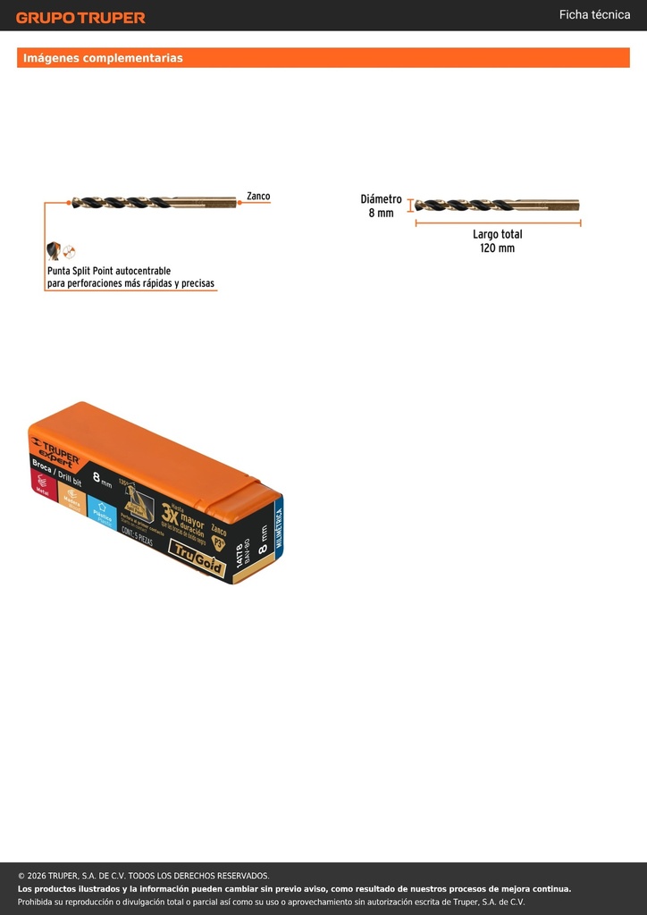 Broca HSS 8.0 mm Trugold para metal, TRUPER EXPERT