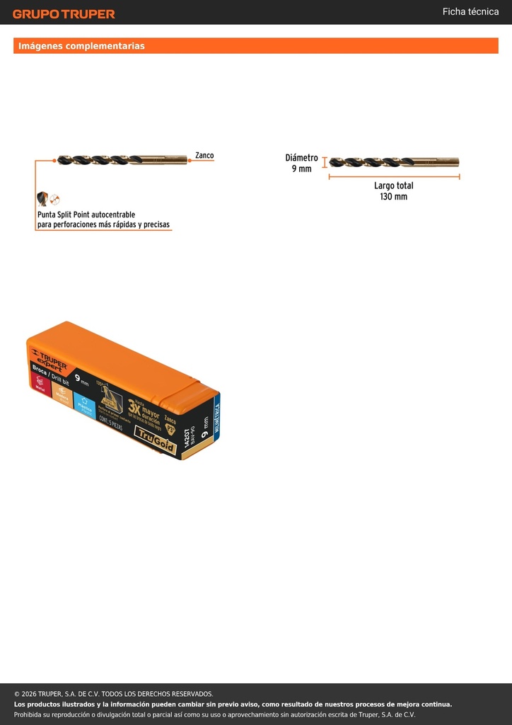 Broca HSS 9.0 mm Trugold para metal, TRUPER EXPERT