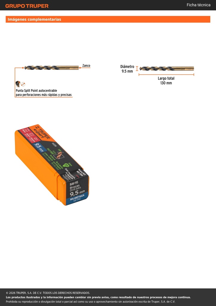 Broca HSS 9.5 mm Trugold para metal, TRUPER EXPERT