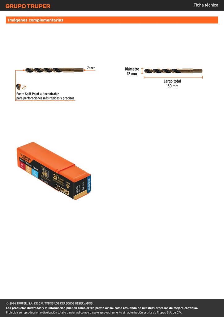 Broca HSS 12.0 mm Trugold para metal, TRUPER EXPERT