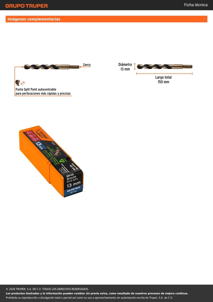 Broca HSS 13.0 mm Trugold para metal, TRUPER EXPERT