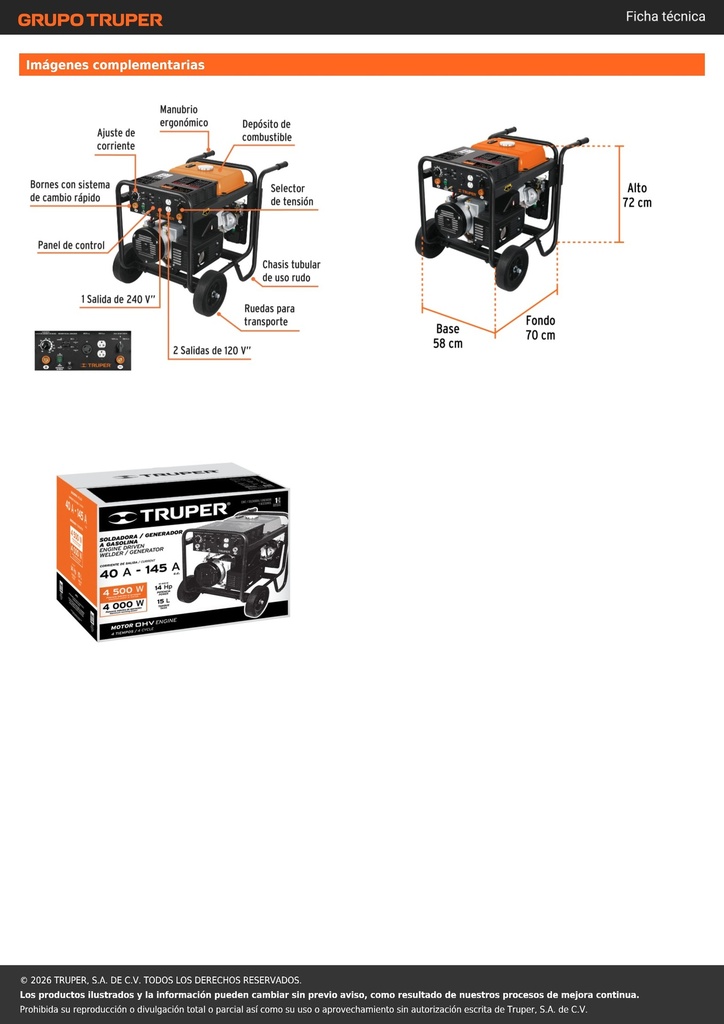 Soldadora a gasolina 145 A con generador, TRUPER