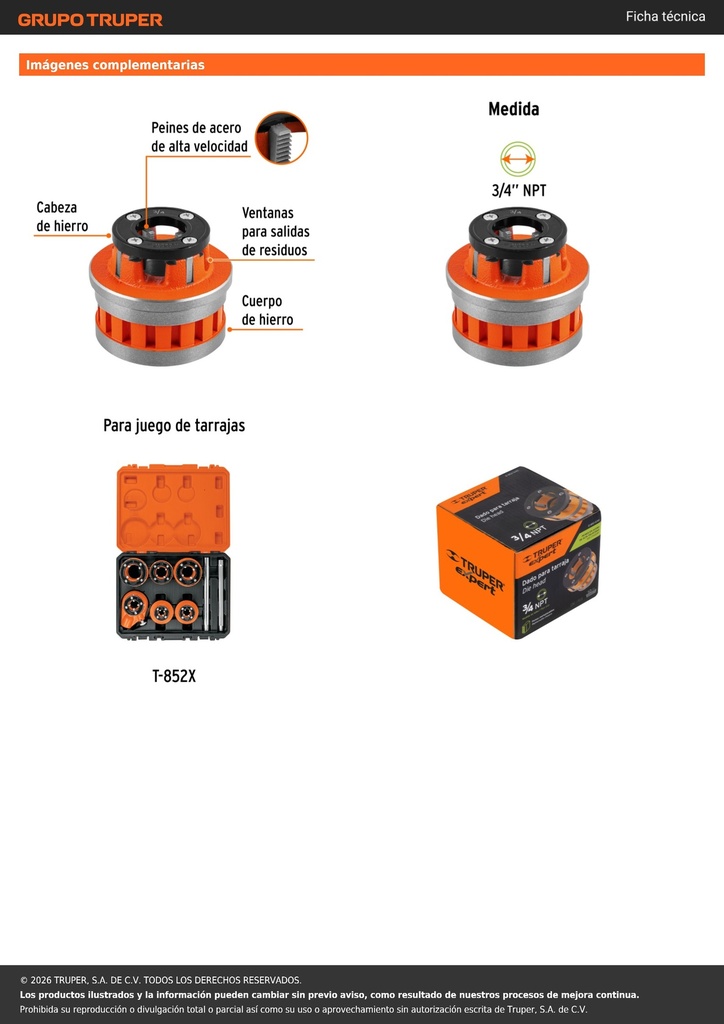 Dado de 3/4' para tarrajas T-852X, TRUPER EXPERT